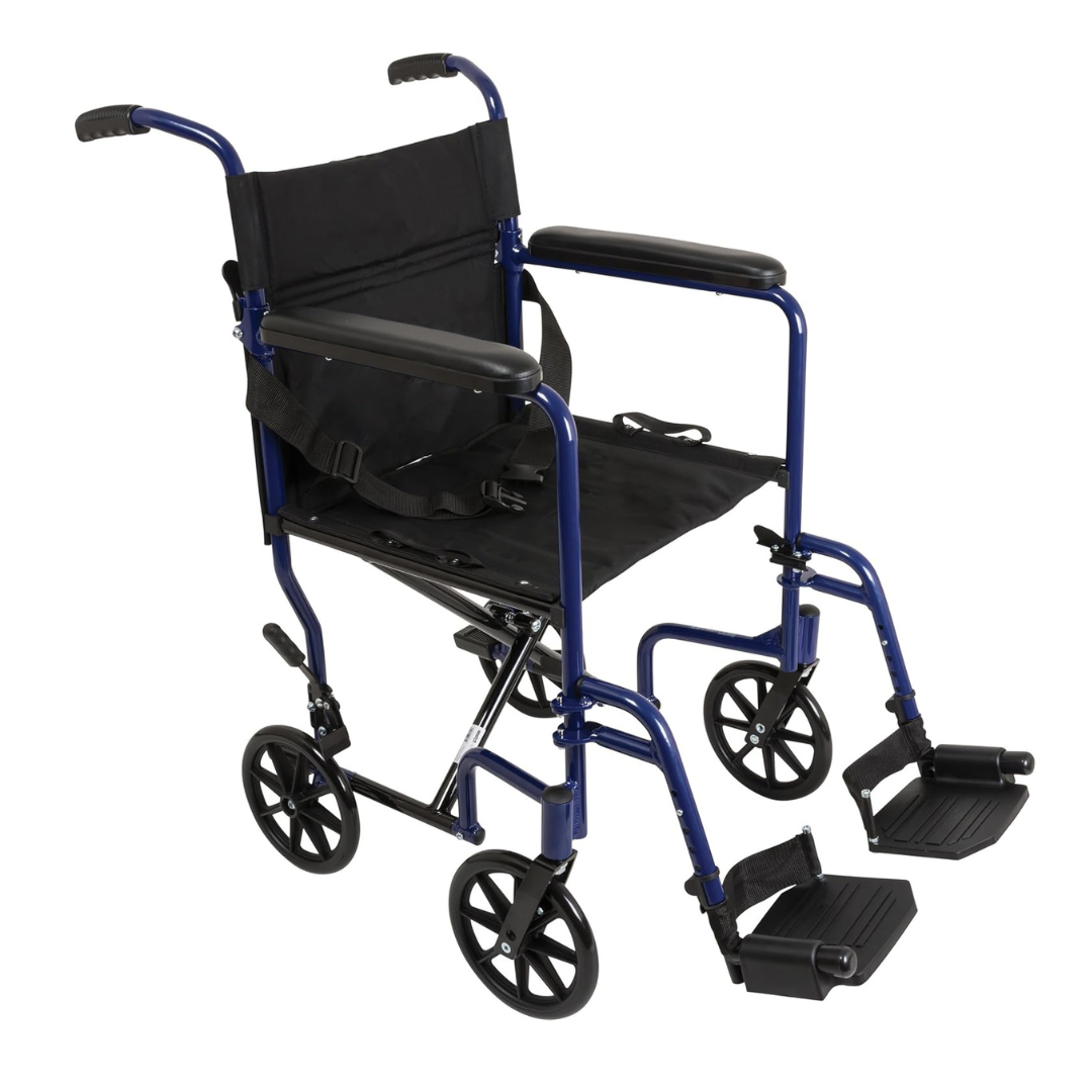 The ProBasics Aluminum Lightweight Transport Chair features a blue frame, black seat and armrests, fold-down footrests, four small wheels, push handles at the back, and is foldable and ready for use.